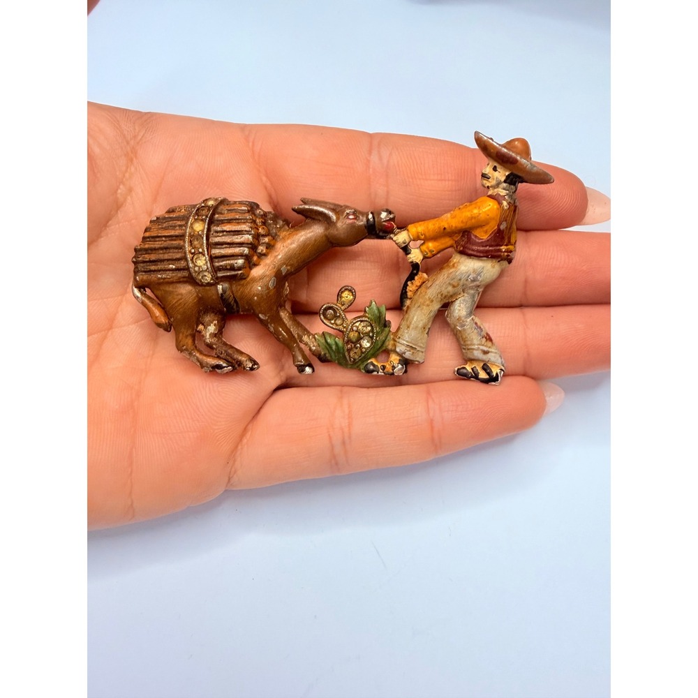 Vintage 1940s Bauman-Massa Enamel Rhinestone Stubborn Donkey Mexican Pin Brooch - Picture 2 of 5